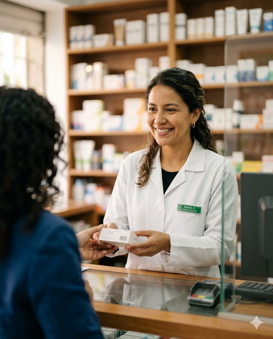 Central Pharmacy pharmacist helping a customer with a smile