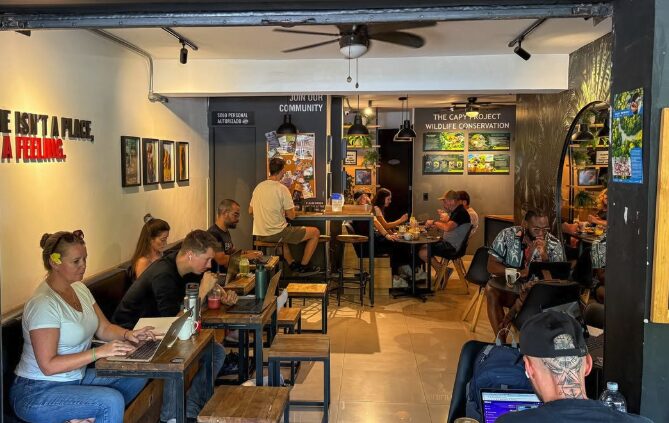 Café interior · cozy room with communal tables and plants