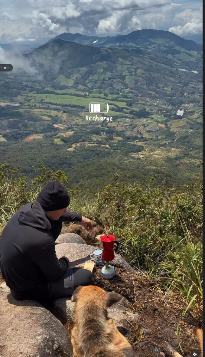 Coffee outdoors · stove, steaming cup and hills in the background